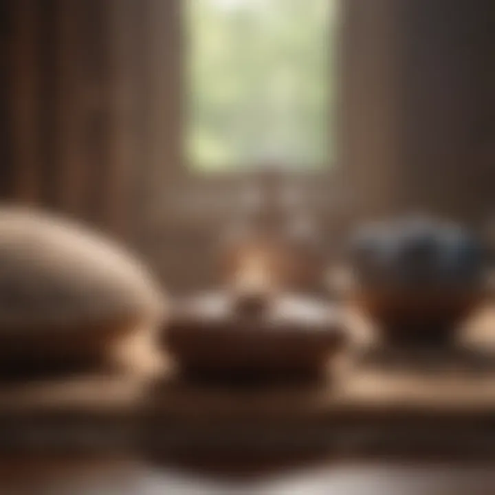 An array of meditation tools including cushions and beads