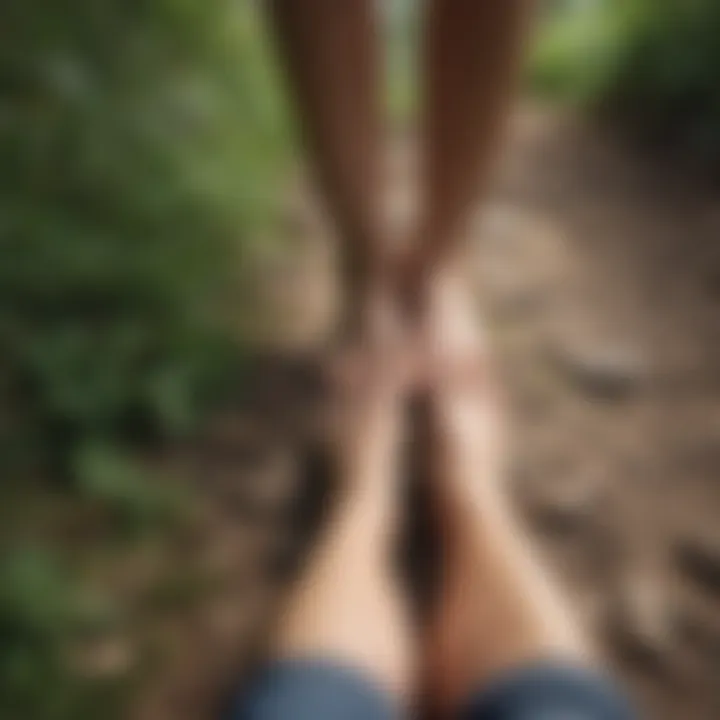 Close-up of feet on a trail symbolizing groundedness during meditation