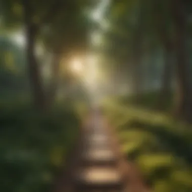 Illuminated Path to Mindfulness A peaceful setting with soft sunlight filtering through trees, enhancing meditation