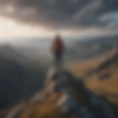 Achievement and Perspective A person standing on a mountain peak, overlooking a vast landscape, representing achievement and perspective.
