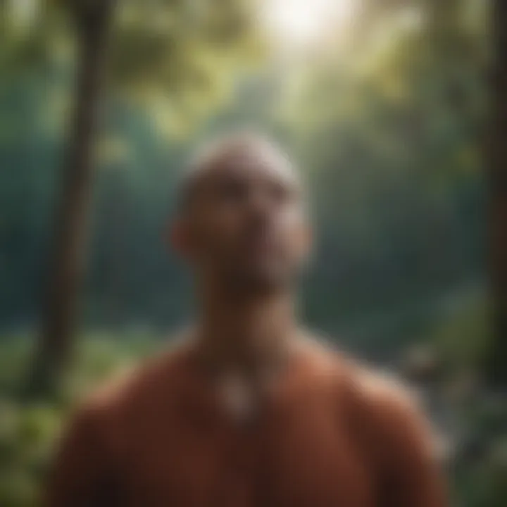 An individual reflecting in a serene outdoor environment.