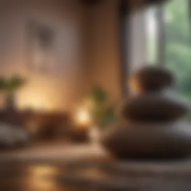 A calming meditation space with soft lighting and cushions.