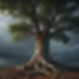 Symbol of resilience represented by a large tree standing strong against a storm