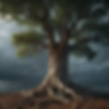 Symbol of resilience represented by a large tree standing strong against a storm