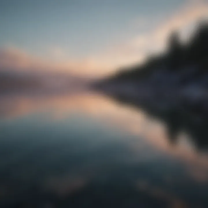 A calm body of water reflecting a clear sky.