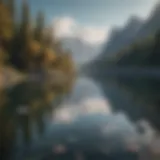 A peaceful landscape with a serene lake and mountains reflecting in the water