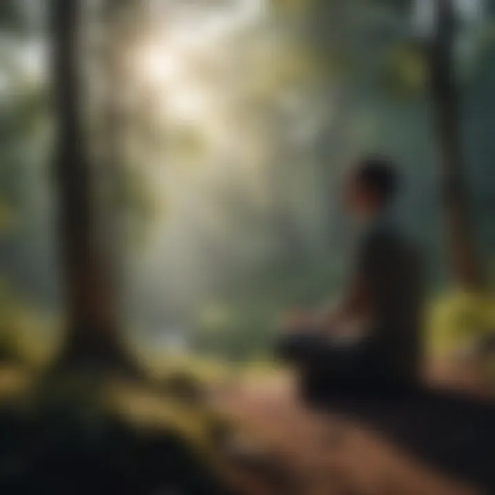 A serene landscape with a person meditating outdoors