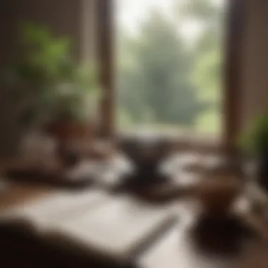 A journal and a cup of tea on a table, symbolizing reflection
