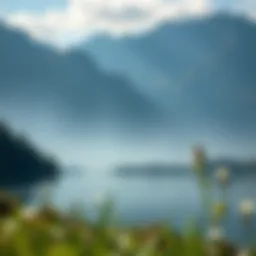 Serene landscape with a calm lake and mountains in the background, symbolizing tranquility.