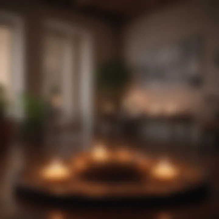 A peaceful meditation space with soft lighting and candles