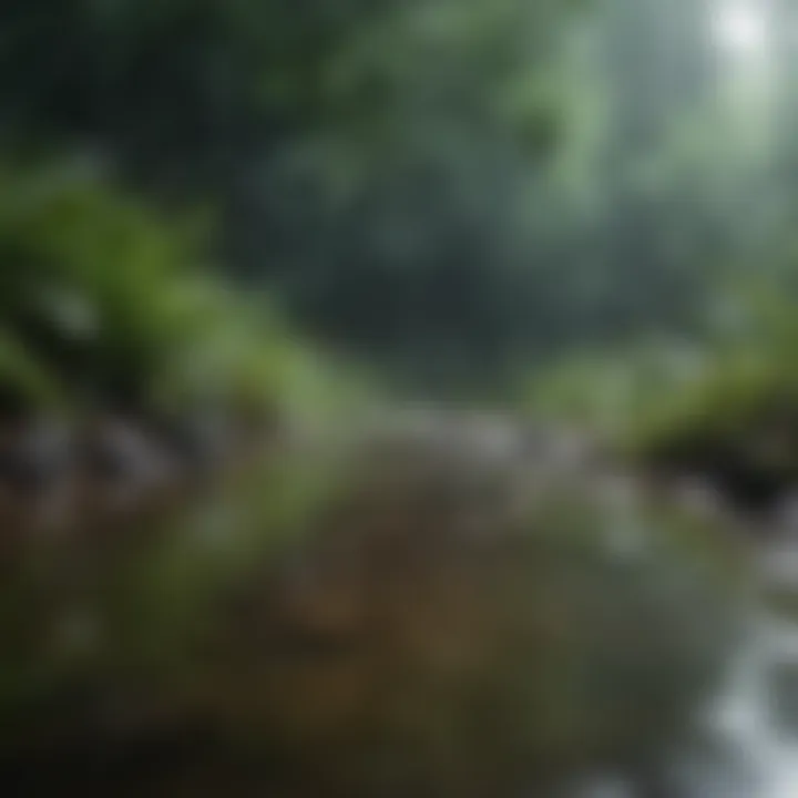 Gentle rain falling on lush greenery