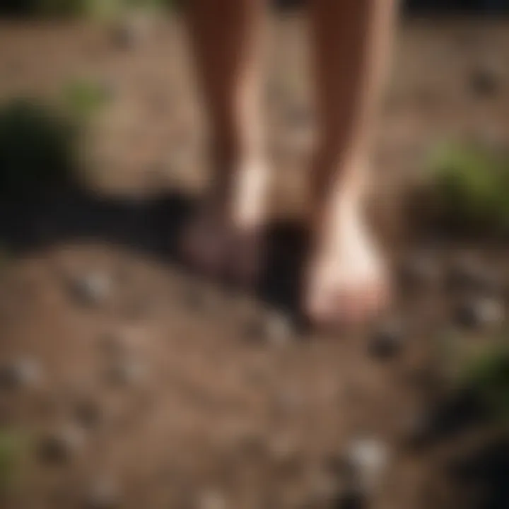A close-up view of a person engaging in a grounding exercise, such as feeling the earth beneath their feet.