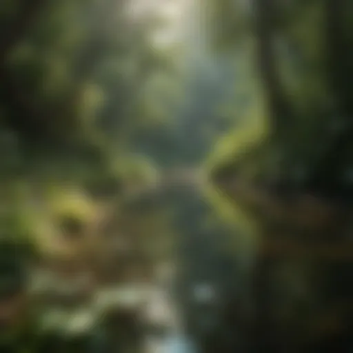 A tranquil nature scene showcasing lush greenery and a serene water body, symbolizing peace and grounding.