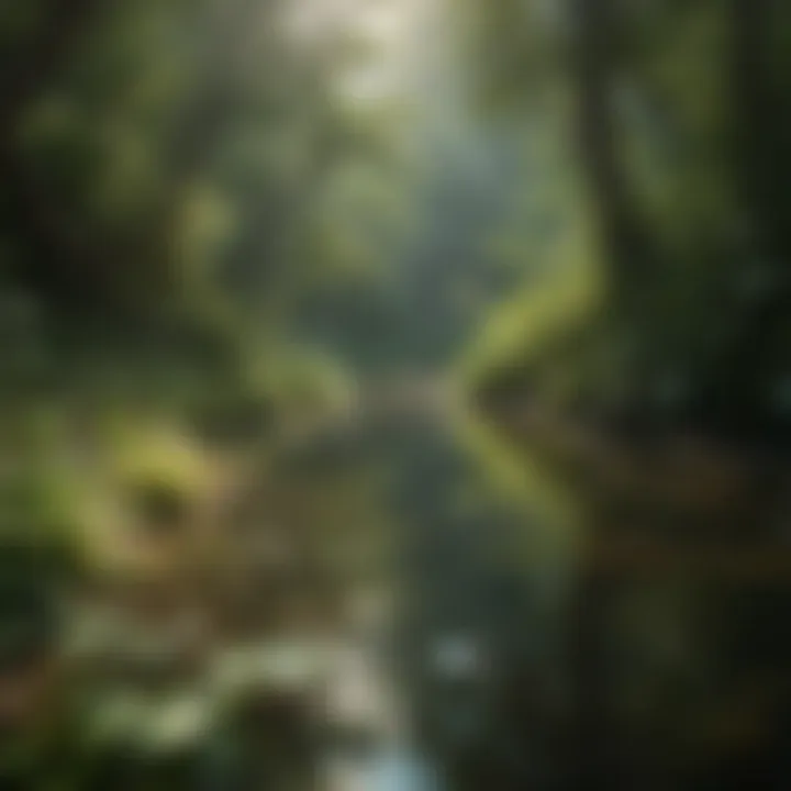 A tranquil nature scene showcasing lush greenery and a serene water body, symbolizing peace and grounding.