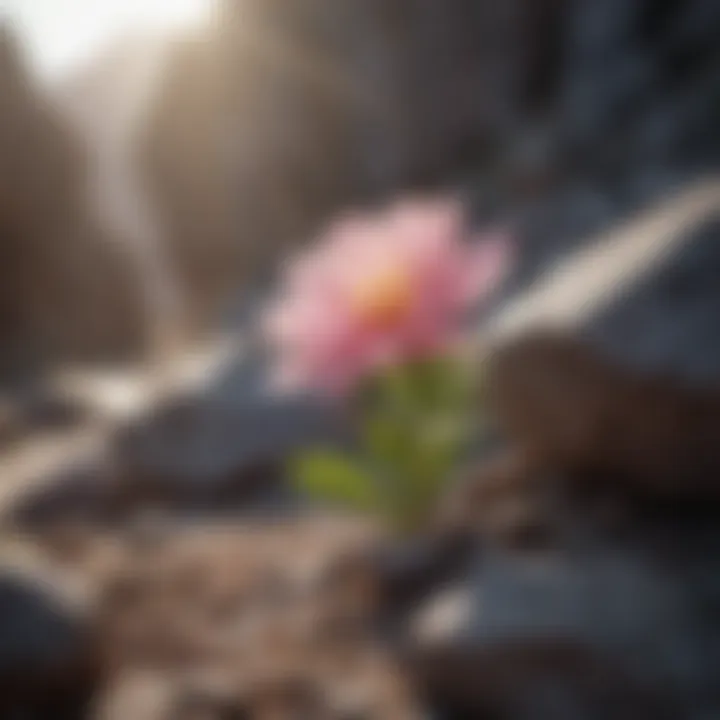 A delicate flower blooming amidst a rocky landscape, symbolizing resilience in love and life.