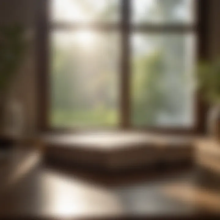 An open book resting on a table with sunlight filtering through a window, evoking reflection and mindfulness.