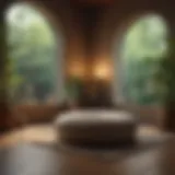 A tranquil meditation space with soft lighting and cushions