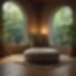 A tranquil meditation space with soft lighting and cushions