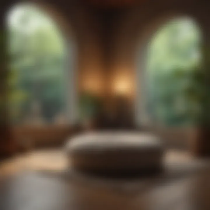 A tranquil meditation space with soft lighting and cushions