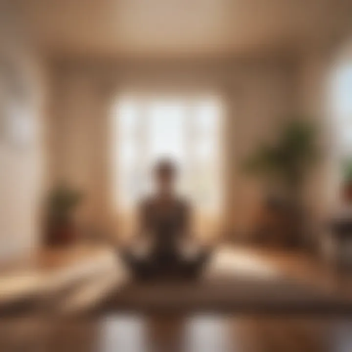 A peaceful room setting with soft lighting and sound waves illustrated