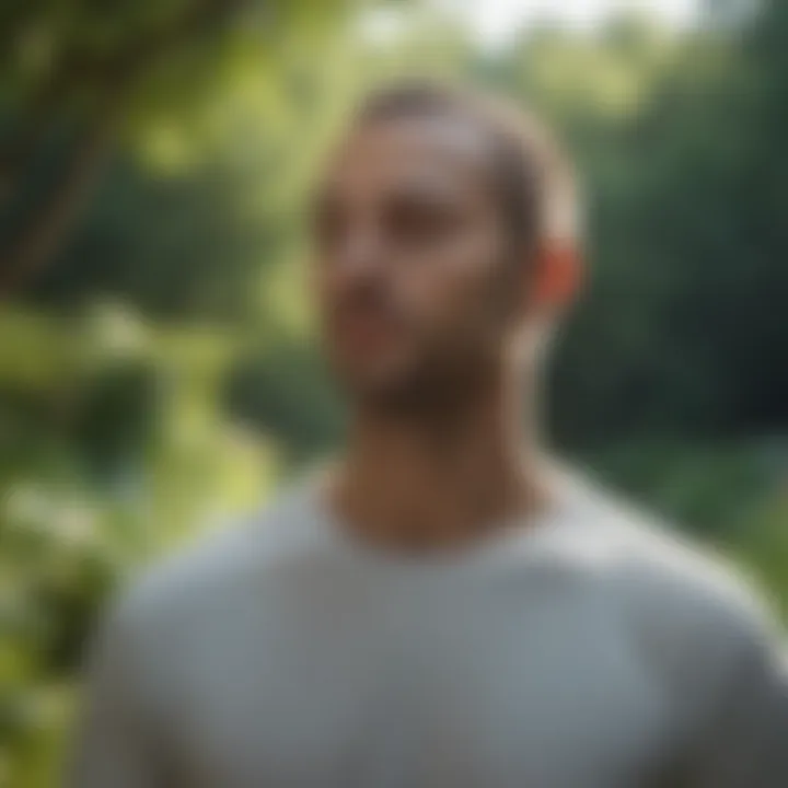 A close-up of a meditative figure in a peaceful garden.