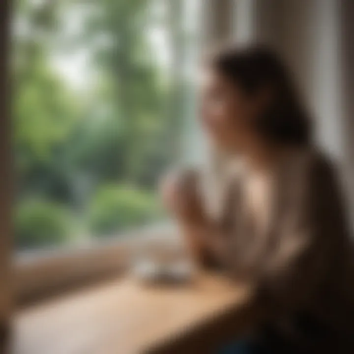 A person enjoying a moment of reflection with a cup of tea by a window.