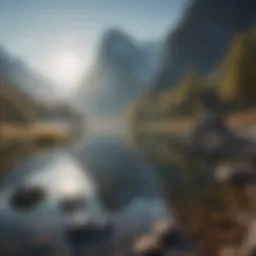 A serene landscape showcasing a tranquil lake surrounded by mountains.