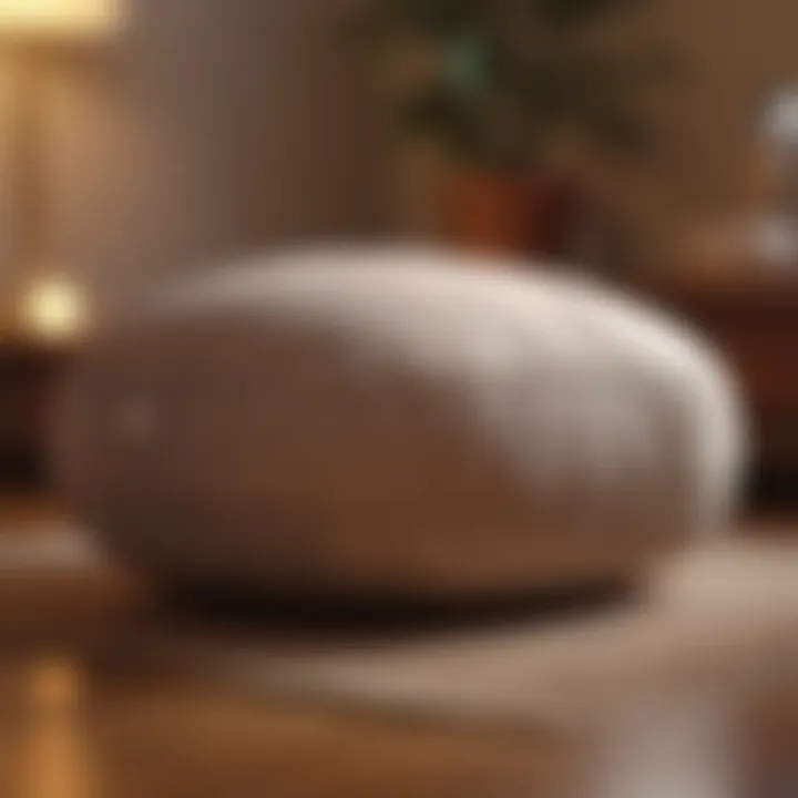 A close-up of a meditation cushion and soft lighting