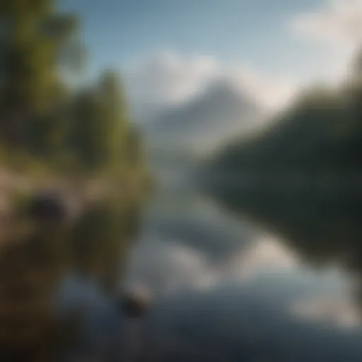 A serene landscape with a tranquil lake reflecting the sky