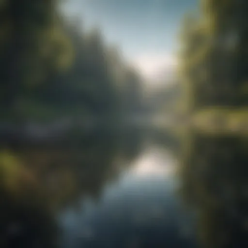 A serene landscape with a tranquil lake reflecting the sky