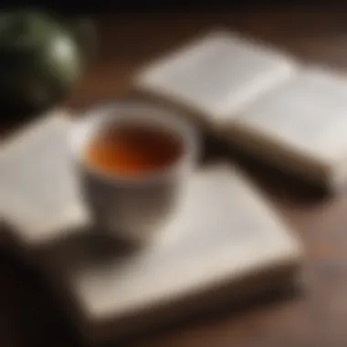 A close-up of a book with highlighted quotes and a cup of tea