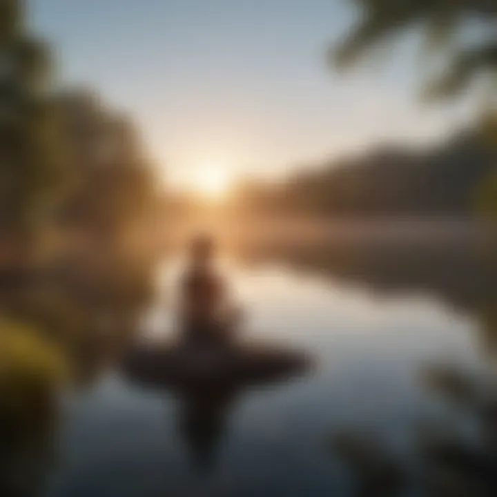 A peaceful person meditating by a serene lake at sunrise