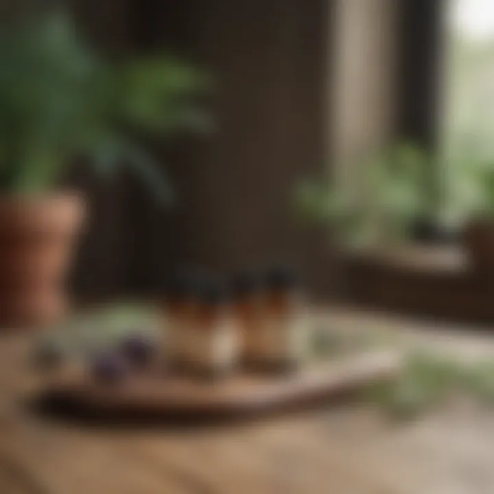 A collection of essential oils and calming herbal elements on a wooden table
