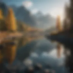 A serene landscape with a tranquil lake and mountains in the background
