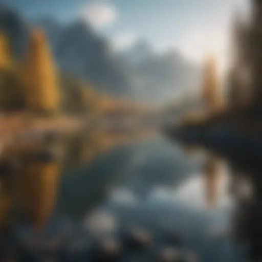 A serene landscape with a tranquil lake and mountains in the background