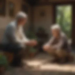 A serene scene depicting a person helping an elderly neighbor
