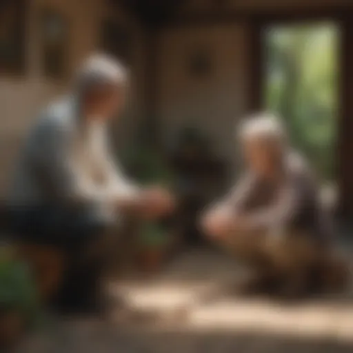 A serene scene depicting a person helping an elderly neighbor