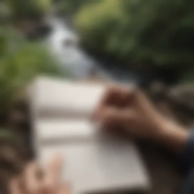 Journaling Amidst Nature A close-up of a hand writing in a journal with nature in the background, representing reflection.