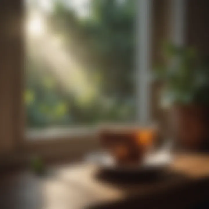 A cup of herbal tea beside a window with sunlight streaming in