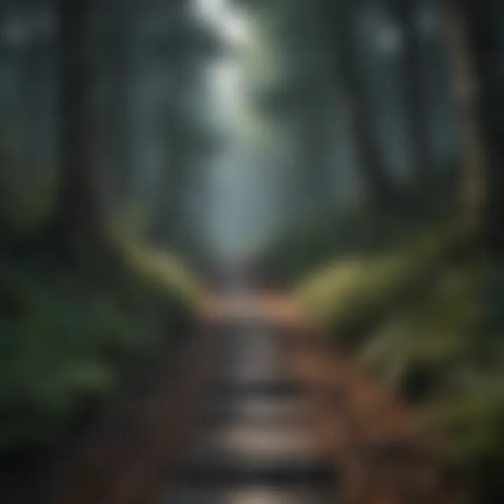 A path leading through a dark forest towards a light, illustrating the journey toward self-acceptance.