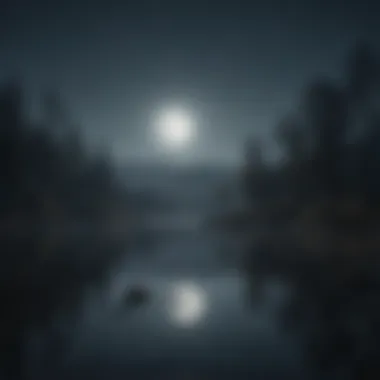 Calm lake reflecting moonlight and serene sounds