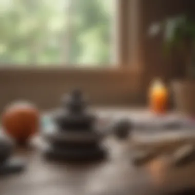 A close-up of a calming scene featuring yoga props