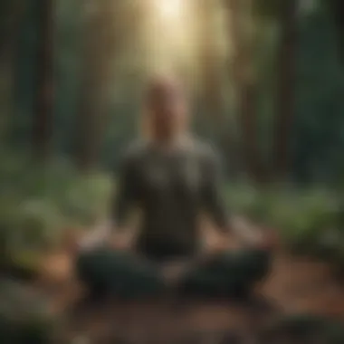 An individual in a peaceful meditation posture surrounded by nature