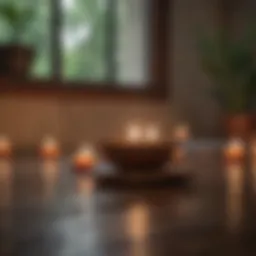 A tranquil setting for meditation with candles and soft lighting