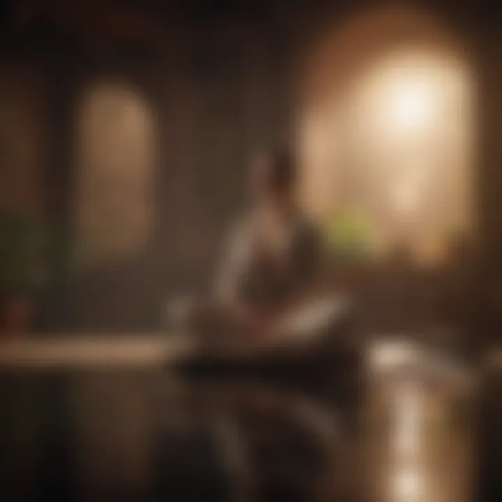 A peaceful meditation scene with soft lighting