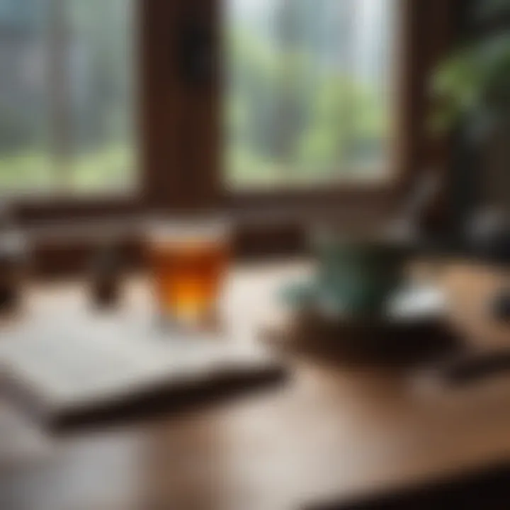 An open journal on a wooden table, with a pen and a cup of tea, illustrating personal reflection.