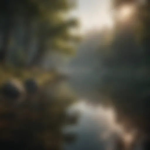 A serene landscape with a tranquil lake reflecting the sky