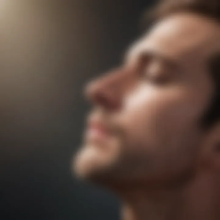 A close-up of a person practicing mindfulness and deep breathing