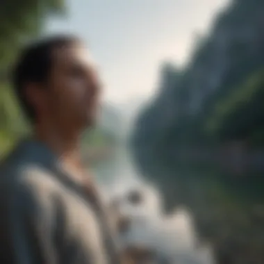 A tranquil scene depicting a person reflecting on their self-journey