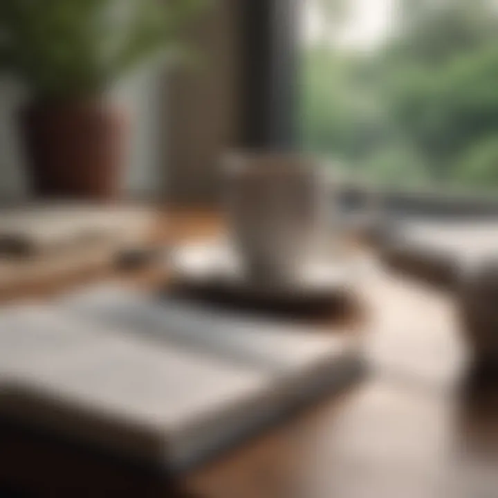 A close-up of a journal and a cup of tea on a desk, symbolizing mindfulness